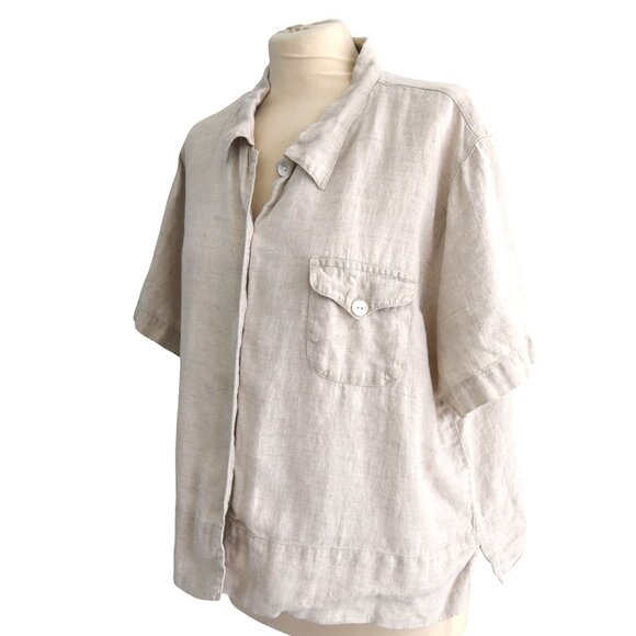 Chico’s Linen Shirt Size 1 (M) Beige Short Sleeve Button Up Minimalist Coastal - Picture 1 of 9